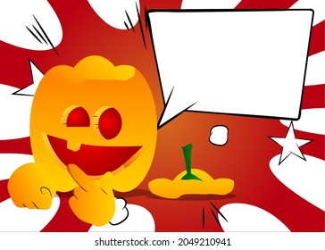 Decorative pumpkin for Halloween holding finger front of his mouth as a cartoon character with face. Vector Illustration.
