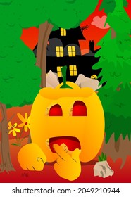 Decorative pumpkin for Halloween holding finger front of his mouth as a cartoon character with face. Vector Illustration.
