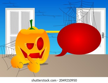 Decorative pumpkin for Halloween holding finger front of his mouth as a cartoon character with face. Vector Illustration.
