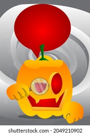 Decorative pumpkin for Halloween holding a magnifying glass as a cartoon character with face. Vector Illustration.