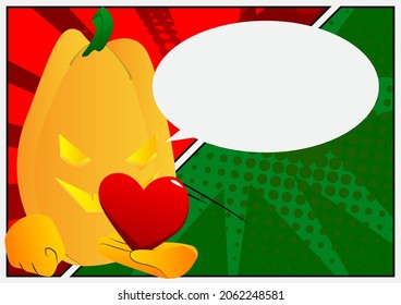 Decorative pumpkin for Halloween holding red heart in his hand as a cartoon character with face. Vector Illustration.