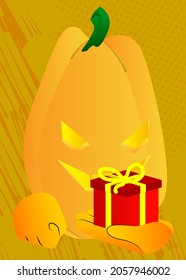 Decorative pumpkin for Halloween holding small gift box as a cartoon character with face. Vector Illustration.