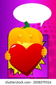 Decorative pumpkin for Halloween hugging big red heart as a cartoon character with face. Vector Illustration.