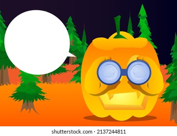 Decorative pumpkin for Halloween looking through binoculars as a cartoon character with face. Vector Illustration.