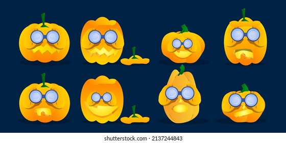 Decorative pumpkin for Halloween looking through binoculars as a cartoon character with face. Vector Illustration.