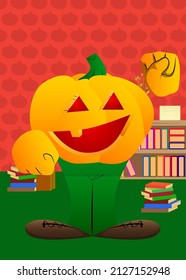 Decorative pumpkin for Halloween making power to the people fist gesture as a cartoon character with face. Vector Illustration.