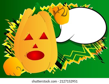 Decorative pumpkin for Halloween making power to the people fist gesture as a cartoon character with face. Vector Illustration.