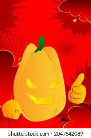 Decorative pumpkin for Halloween making thumbs up sign as a cartoon character with face. Vector Illustration.
