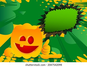 Decorative pumpkin for Halloween making thumbs up sign as a cartoon character with face. Vector Illustration.