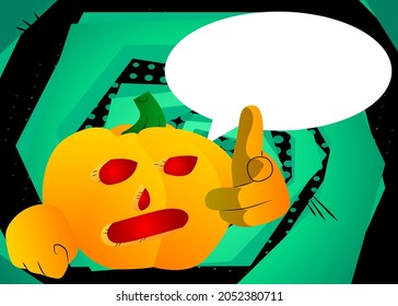 Decorative pumpkin for Halloween pointing at the viewer with his hand as a cartoon character with face. Vector Illustration.