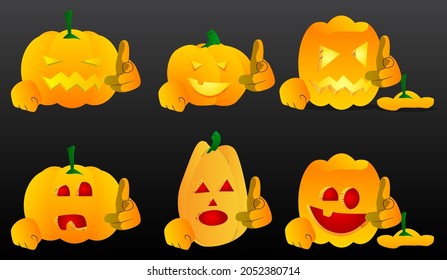 Decorative pumpkin for Halloween pointing at the viewer with his hand as a cartoon character with face. Vector Illustration.