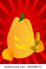 Decorative pumpkin for Halloween pointing at the viewer with his hand as a cartoon character with face. Vector Illustration.