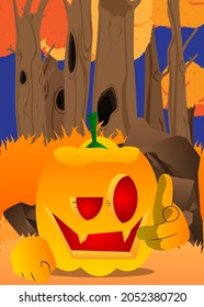 Decorative pumpkin for Halloween pointing at the viewer with his hand as a cartoon character with face. Vector Illustration.