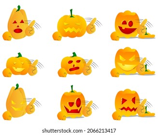 Decorative pumpkin for Halloween saying no with his finger as a cartoon character with face. Vector Illustration.