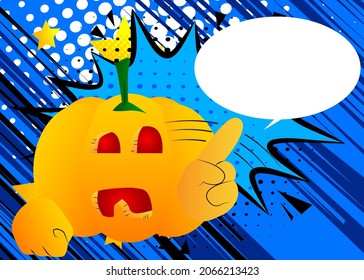 Decorative pumpkin for Halloween saying no with his finger as a cartoon character with face. Vector Illustration.