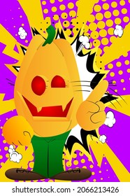 Decorative pumpkin for Halloween saying no with his finger as a cartoon character with face. Vector Illustration.