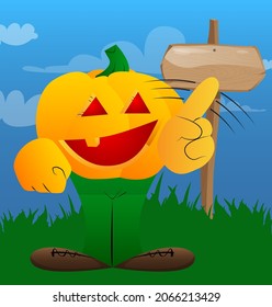 Decorative pumpkin for Halloween saying no with his finger as a cartoon character with face. Vector Illustration.