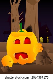 Decorative pumpkin for Halloween showing dislike hand sign as a cartoon character with face. Vector Illustration.