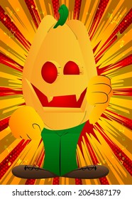Decorative pumpkin for Halloween showing dislike hand sign as a cartoon character with face. Vector Illustration.