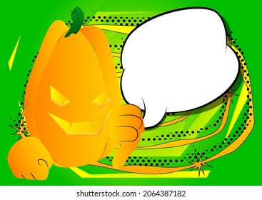 Decorative pumpkin for Halloween showing dislike hand sign as a cartoon character with face. Vector Illustration.
