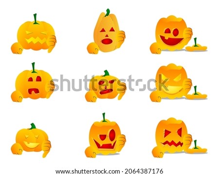 Decorative pumpkin for Halloween showing dislike hand sign as a cartoon character with face. Vector Illustration.