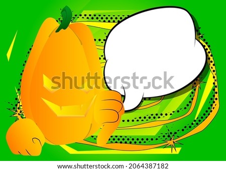 Decorative pumpkin for Halloween showing dislike hand sign as a cartoon character with face. Vector Illustration.