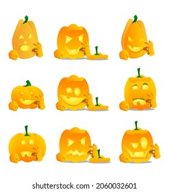 Decorative pumpkin for Halloween showing ok sign as a cartoon character with face. Vector Illustration.