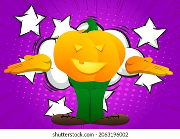 Decorative pumpkin for Halloween shrugs shoulders expressing don't know gesture as a cartoon character with face. Vector Illustration.