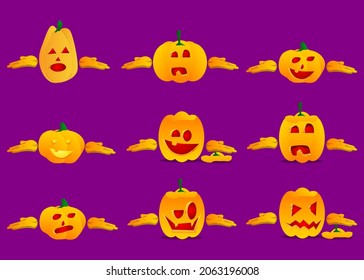 Decorative pumpkin for Halloween shrugs shoulders expressing don't know gesture as a cartoon character with face. Vector Illustration.