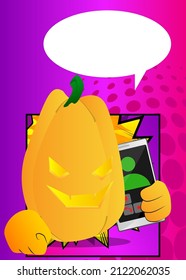 Decorative pumpkin for Halloween talking on cell phone as a cartoon character with face. Vector Illustration.