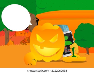 Decorative pumpkin for Halloween talking on cell phone as a cartoon character with face. Vector Illustration.