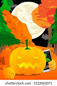 Decorative pumpkin for Halloween talking on cell phone as a cartoon character with face. Vector Illustration.