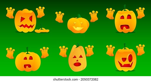Decorative pumpkin for Halloween is trying to scare you as a cartoon character with face. Vector Illustration.