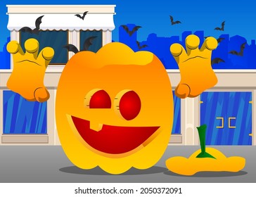 Decorative pumpkin for Halloween is trying to scare you as a cartoon character with face. Vector Illustration.