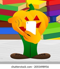 Calabaza decorativa para Halloween usando un teléfono móvil como personaje de caricatura con cara. Ilustración vectorial.