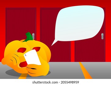 Decorative pumpkin for Halloween using a mobile phone as a cartoon character with face. Vector Illustration.