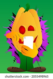 Decorative pumpkin for Halloween using a mobile phone as a cartoon character with face. Vector Illustration.