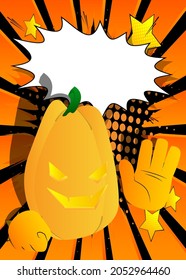 Decorative pumpkin for Halloween with waving hand as a cartoon character with face. Vector Illustration.