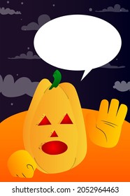 Decorative pumpkin for Halloween with waving hand as a cartoon character with face. Vector Illustration.