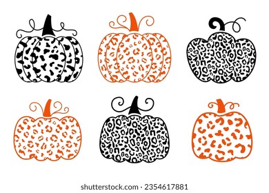Decorative Pumpkin Illustration collection. Clip art print set with Leopard Pattern Stickers isolated on white background