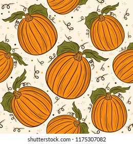Decorative pumpkin seamless pattern. Detailed illustration, hand drawn. Great for fabric and textile, prints, invitation, packaging, or any desired idea.