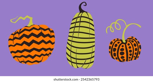 Decorative pumpkins with abstract black, orange, and green patterns with twisted stems adding a modern, whimsical touch. Ideal for Halloween, autumn décor, party invitations, or seasonal design accent