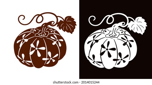 Decorative pumpkins with carved flowers. Stencil for cutting.