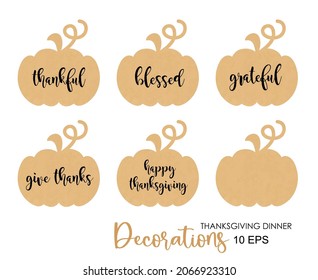 Decorative pumpkins from kraft paper and inscription for the decoration of Thanksgiving dinner