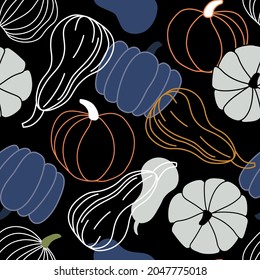 Decorative pumpkins on a black background. Line and color design, seamless vector pattern