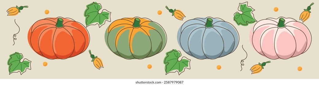 Decorative pumpkins in various shades with autumn leaves and flowers. Harvest season atmosphere, festive fall ornament. Perfect for Thanksgiving, seasonal decor, vector seamless pattern