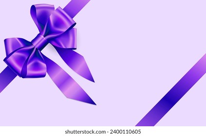 Decorative purple bow with long ribbon isolated on light background. Christmas and New Year holiday decoration. Vector illustration.