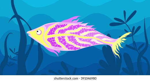Decorative purple fish on the background of the seafloor