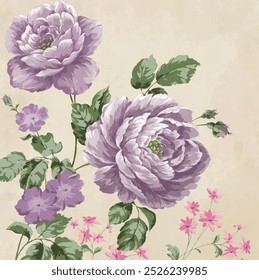 Decorative purple Floral and green Leaf Patterns in Watercolor Hand Drawn Illustration on beige background.