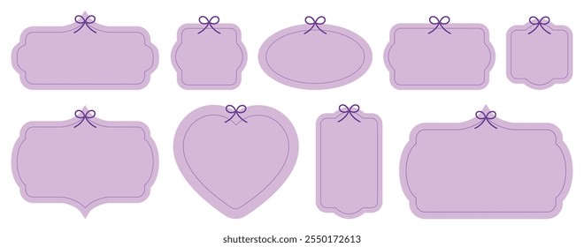 Decorative purple frames and bows. Set of provence antique frames, collection of retro labels, royal wedding, sticker for sale or an invitation card. Isolated vector symbols. Simple lavender ribbons